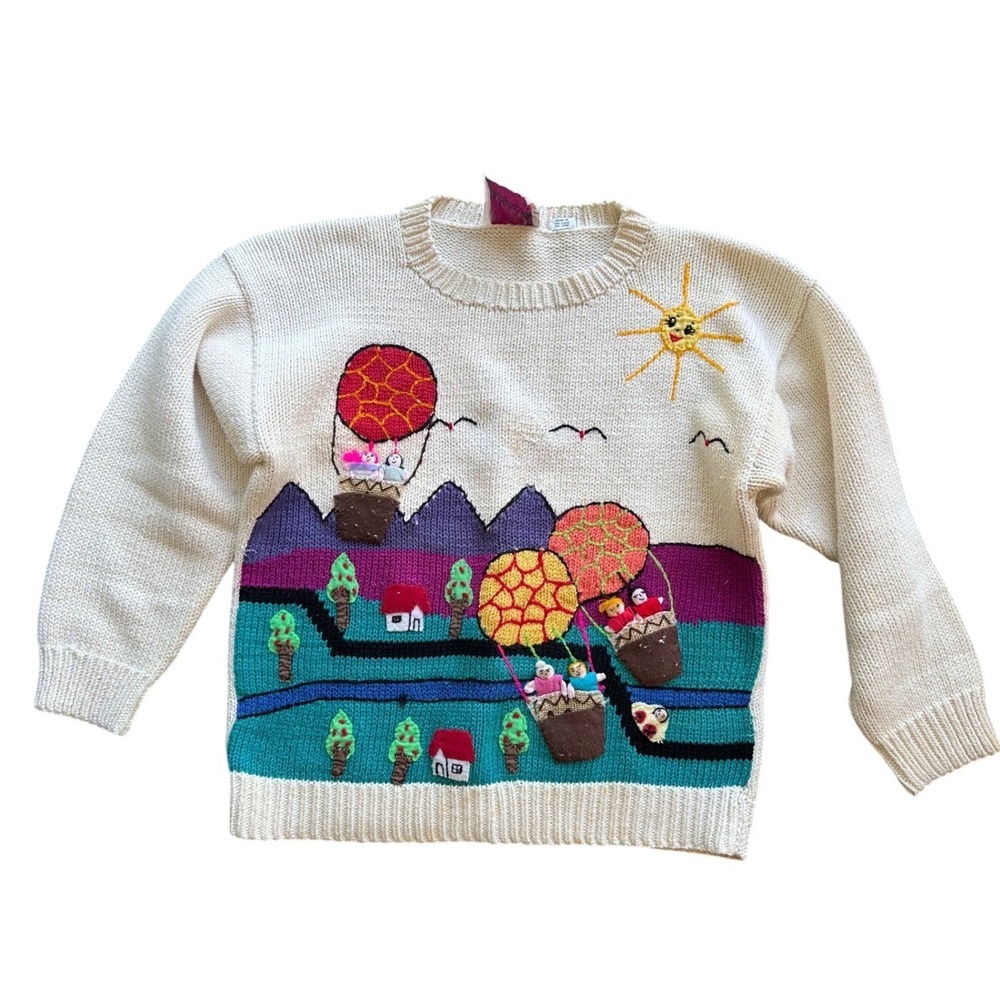 Vintage‎ Passports Pier 1 Imports Hot Air Balloon Embroidered Knit Sweater Small